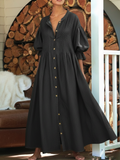 Retro V-neck pleated denim dress with puff sleeves