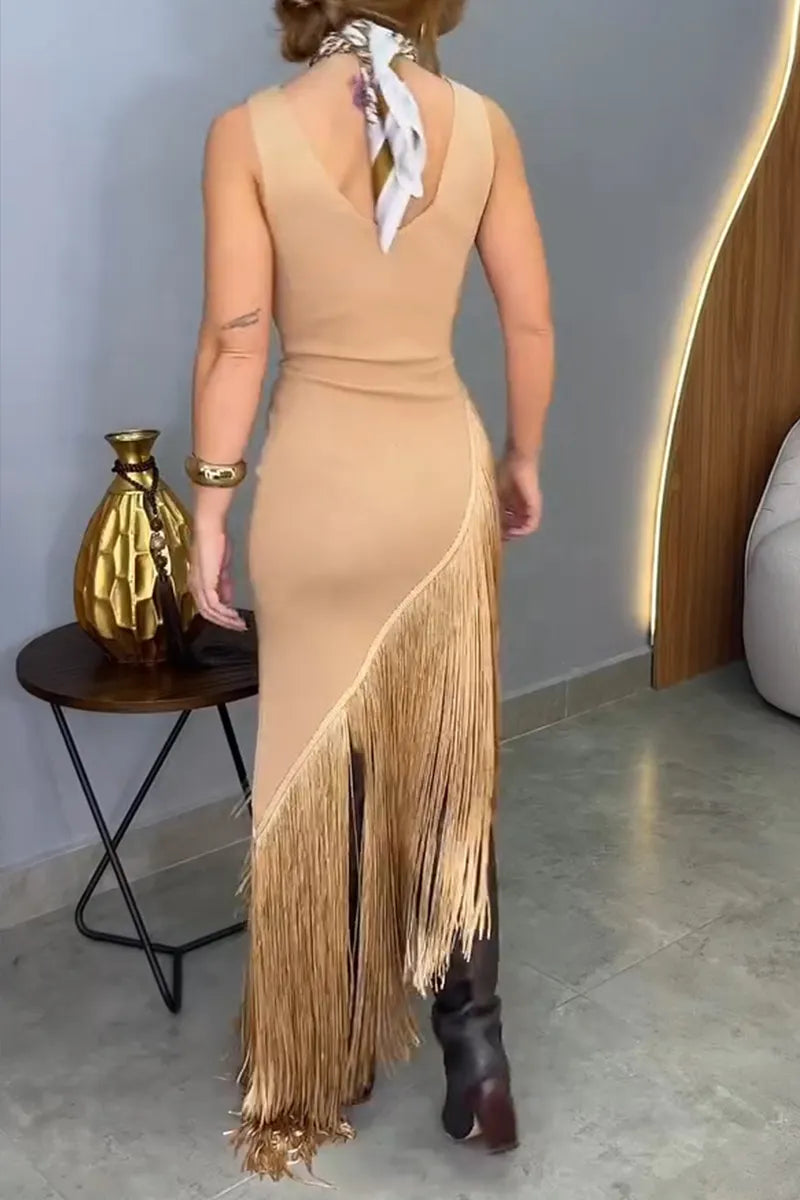 Women's Fashion Knit Asymmetric Fringe Hem Maxi Dress