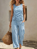 Bohemian-style Embroidered & Printed Denim-look Sleeveless Top + Elastic-waist Wide-leg Pants Two-piece Set