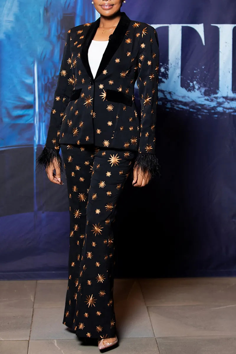 Women's Elegant Star Pattern Feather Cuff Blazer or Suit Pants