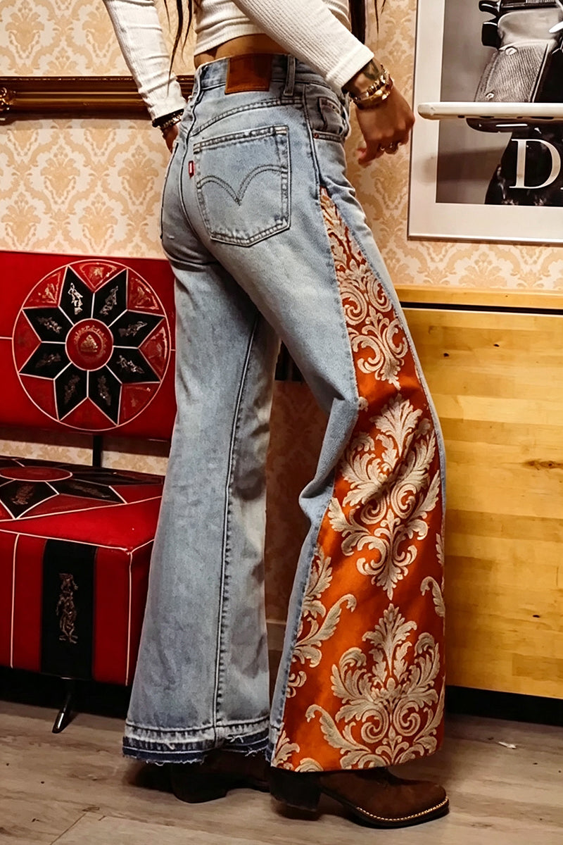 Women's Casual Side Pattern Patchwork Wide Leg Jeans