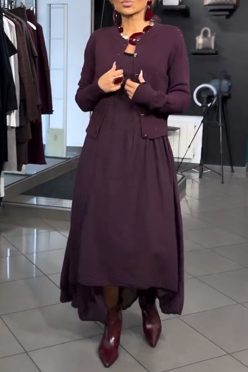 Women's Elegant Casual Round Neck Solid Color Dress or Knitted Cardigan
