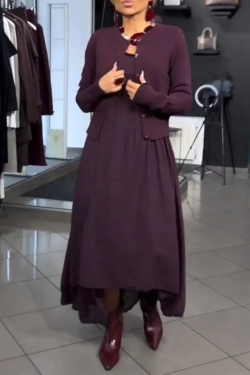 Women's Elegant Casual Round Neck Solid Color Dress or Knitted Cardigan