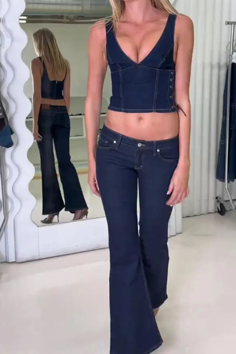 Women's Casual Side Lace Up Cropped Denim Vest Top Or Wide Leg Jeans