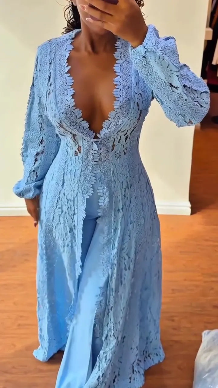 Women Long Lace Cardigan + Trousers Solid Color Casual Suit
