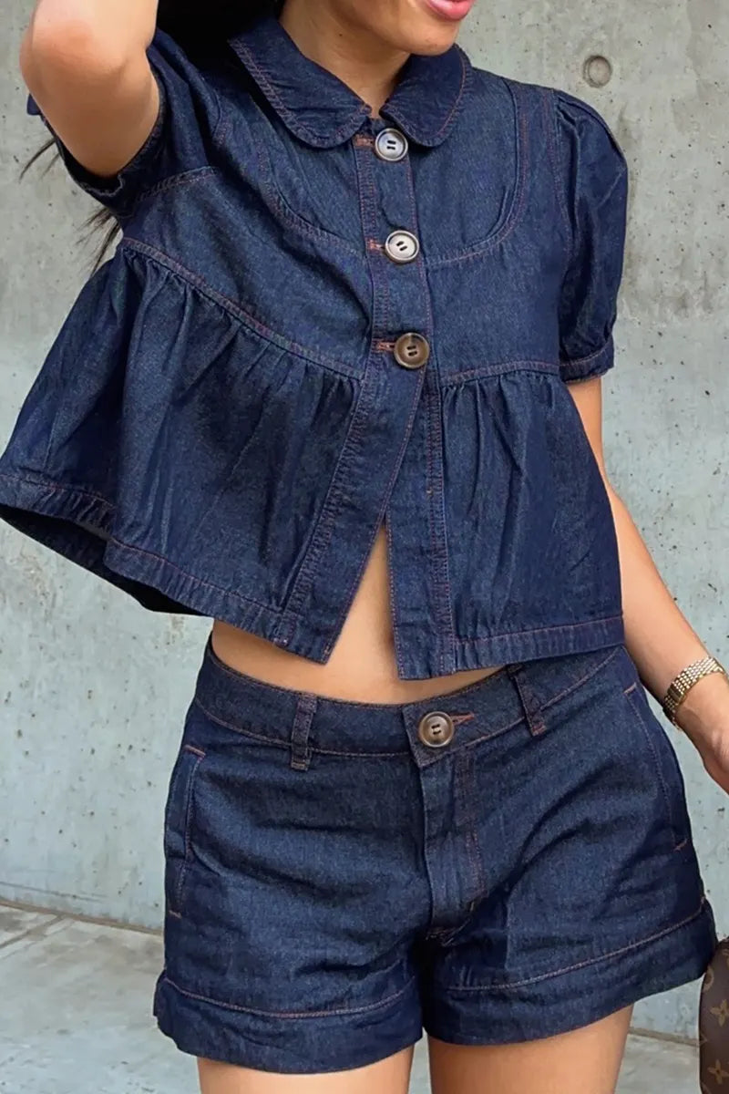 Women's Casual Button Front Denim Top With Puff Sleeves Or Denim Shorts