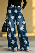 Women's Casual Polka Dot Pattern Metal Hollow-Out Wide Leg Jeans