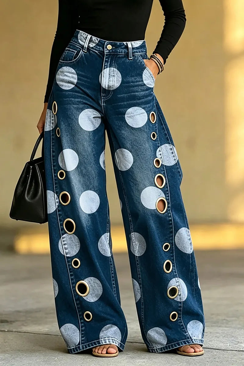 Women's Casual Polka Dot Pattern Metal Hollow-Out Wide Leg Jeans