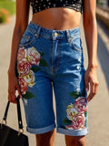 Casual Artistic Rose-print Denim Shorts