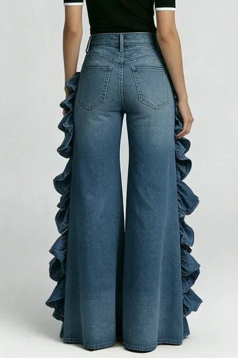 Women's High Waist Ruffle Trim Wide Leg Jeans