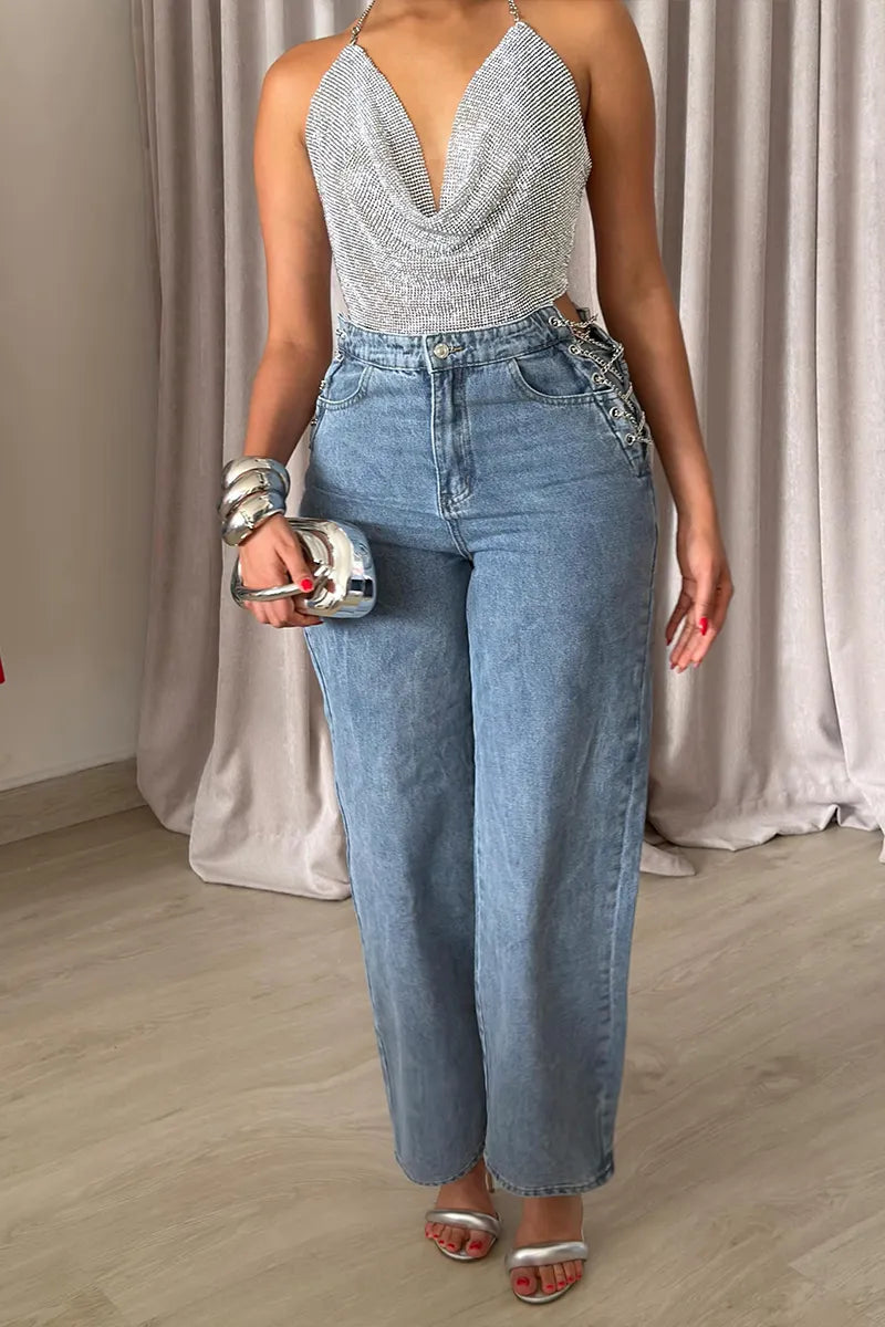 Women's Fashion Halter Vest or Side Chain Jeans