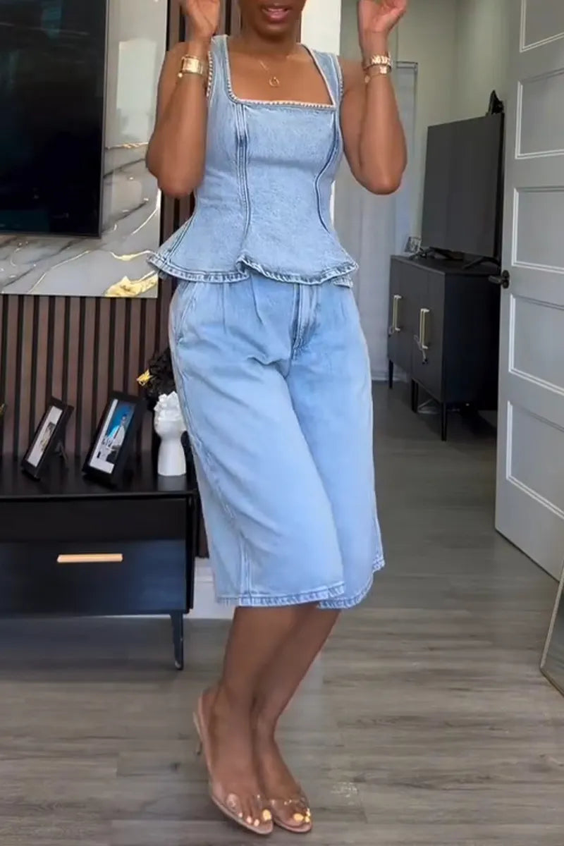 Women's Elegant Square Neck Denim Vest or Cropped Jeans