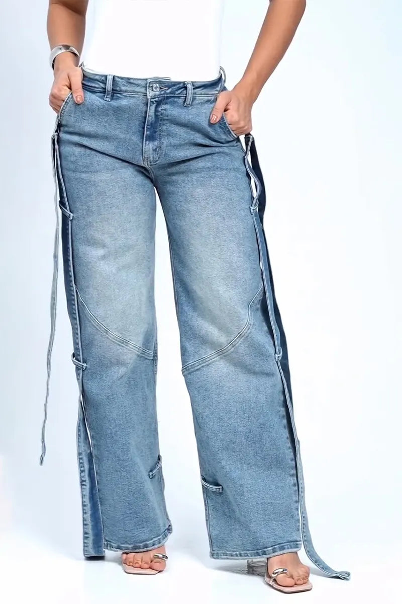 Women's Casual Side Streamer Trim Wide Leg Jeans