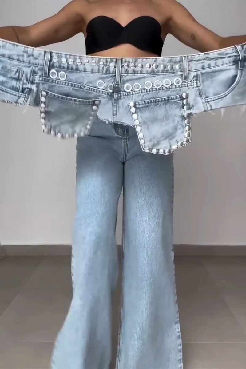 Women's Casual Wide Leg Jeans + Studded Waistband