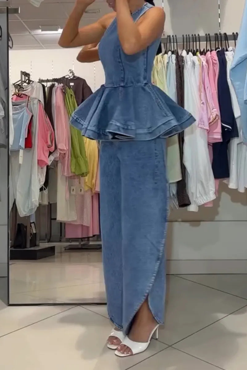Women's Elegant Ruffle Hem Denim Vest or Curved Cut Slit Jeans