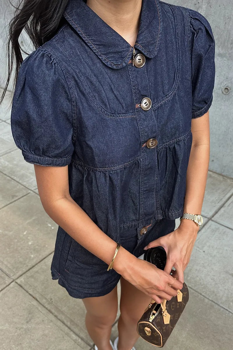 Women's Casual Button Front Denim Top With Puff Sleeves Or Denim Shorts