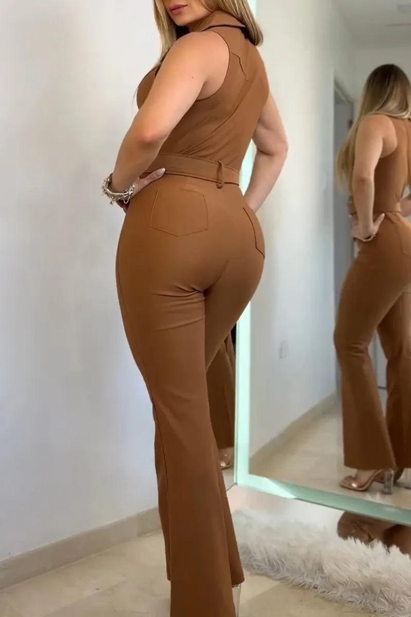 Women's Casual Lapel Zipper Jumpsuit with Belt