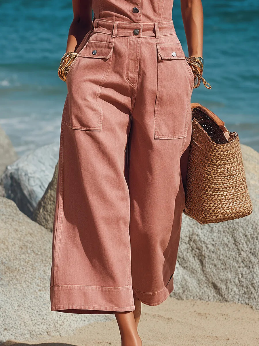 Sophisticated Chic Off-Shoulder Pink Denim Wide-Leg Cropped Jumpsuit
