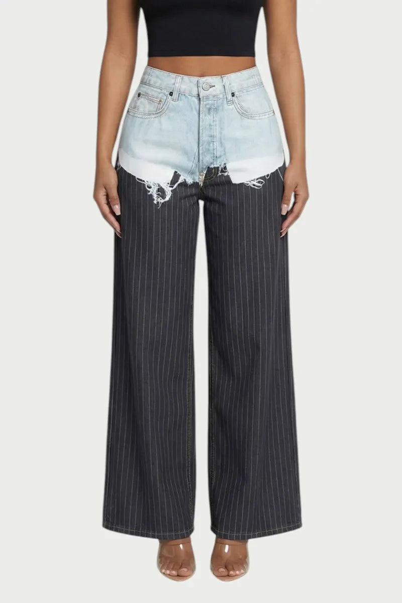 Women Color Block Frayed Waist Pinstripe Wide Leg Denim Jeans