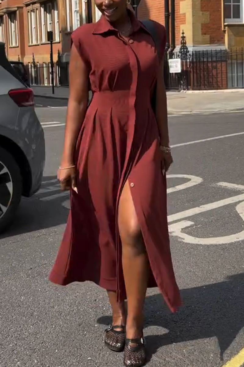Women's Casual Dress with Lapel and Waist Cinched Buckle
