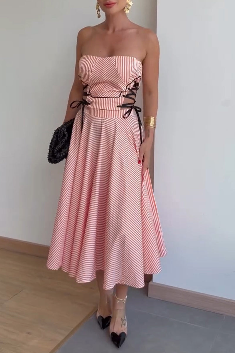 Women's Casual Vacation Side Tie Strapless A-Line Skirt Stripe Two-Piece Set