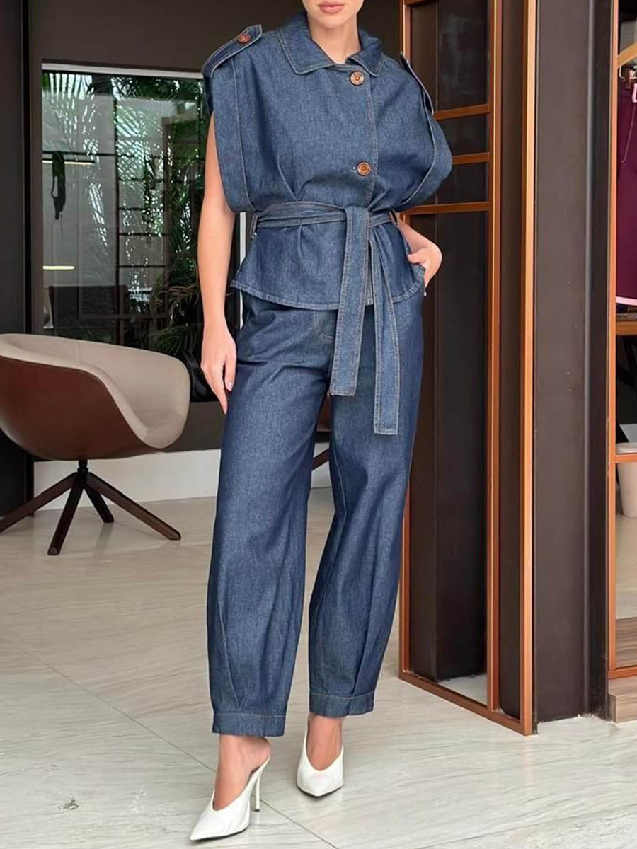 Women's Lapel Sleeveless Casual Loose Denim Top And High-waisted Casual Loose Wide-leg Denim Pants Set.