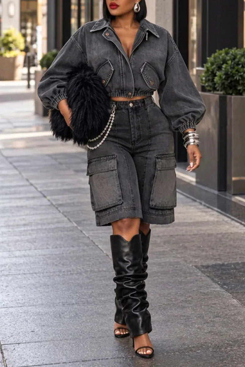 Women's Casual Puff Sleeve Denim Jacket or Cargo Short Jeans