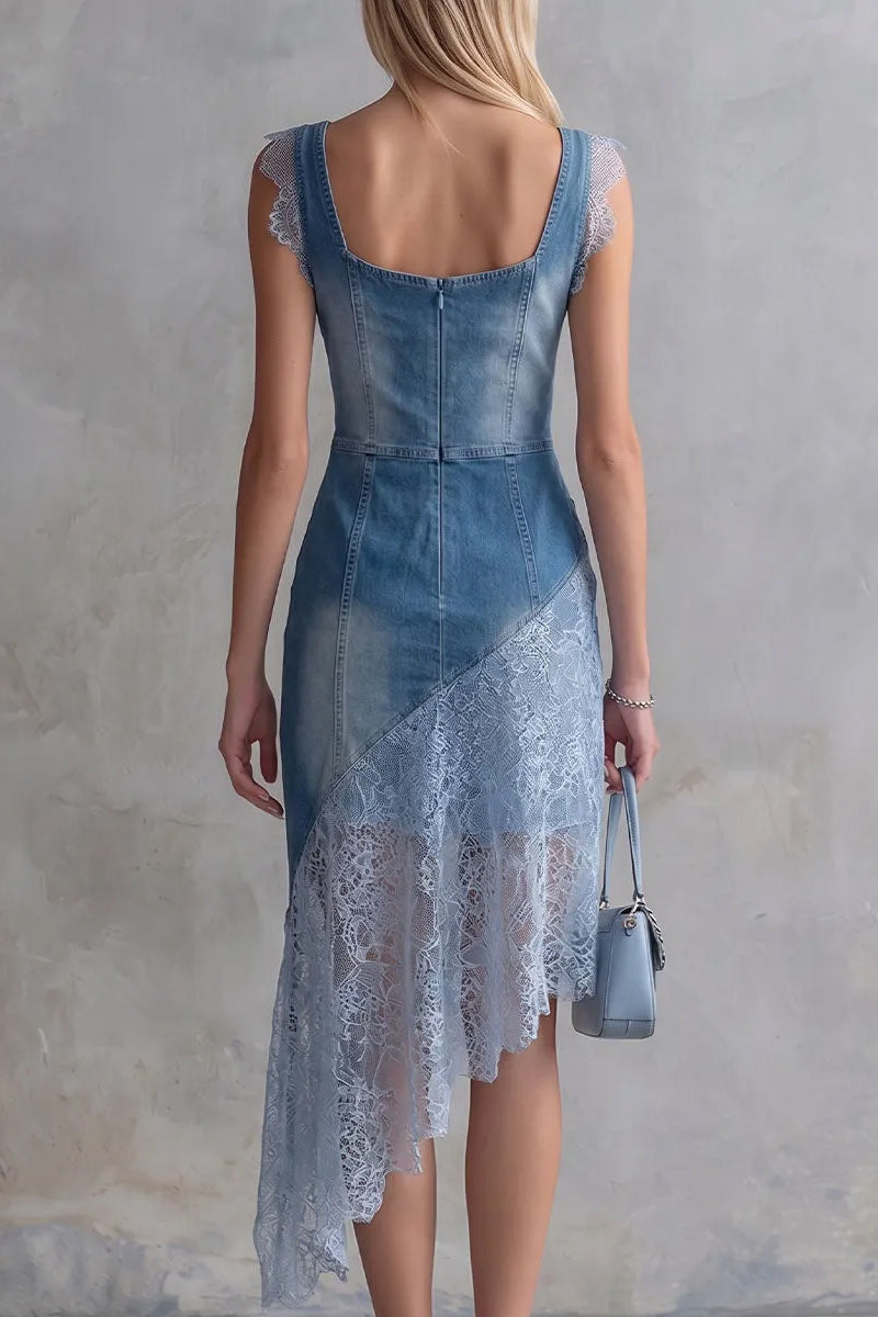 Women's Casual Square Neck Sleeveless Lace Patchwork Denim Dress