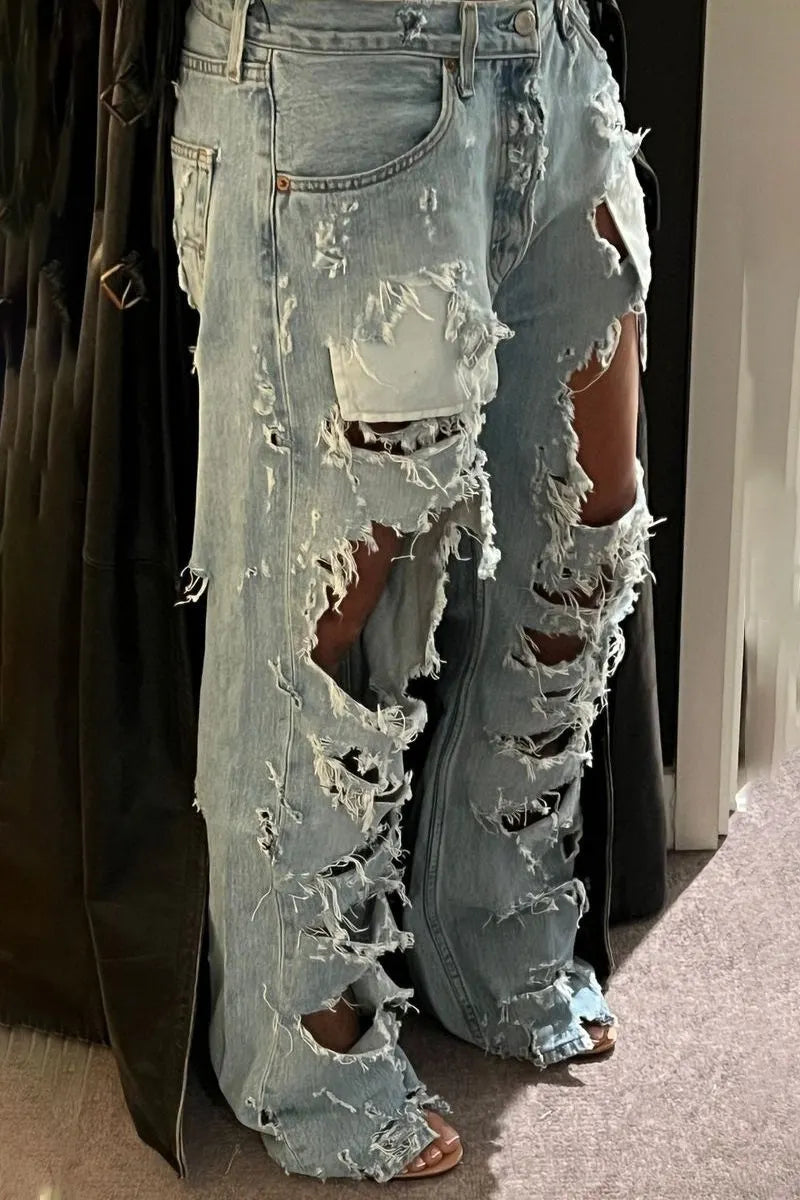 Women Super Distressed Patch Fringe Big Hole High Waist Wide Leg Denim Trousers