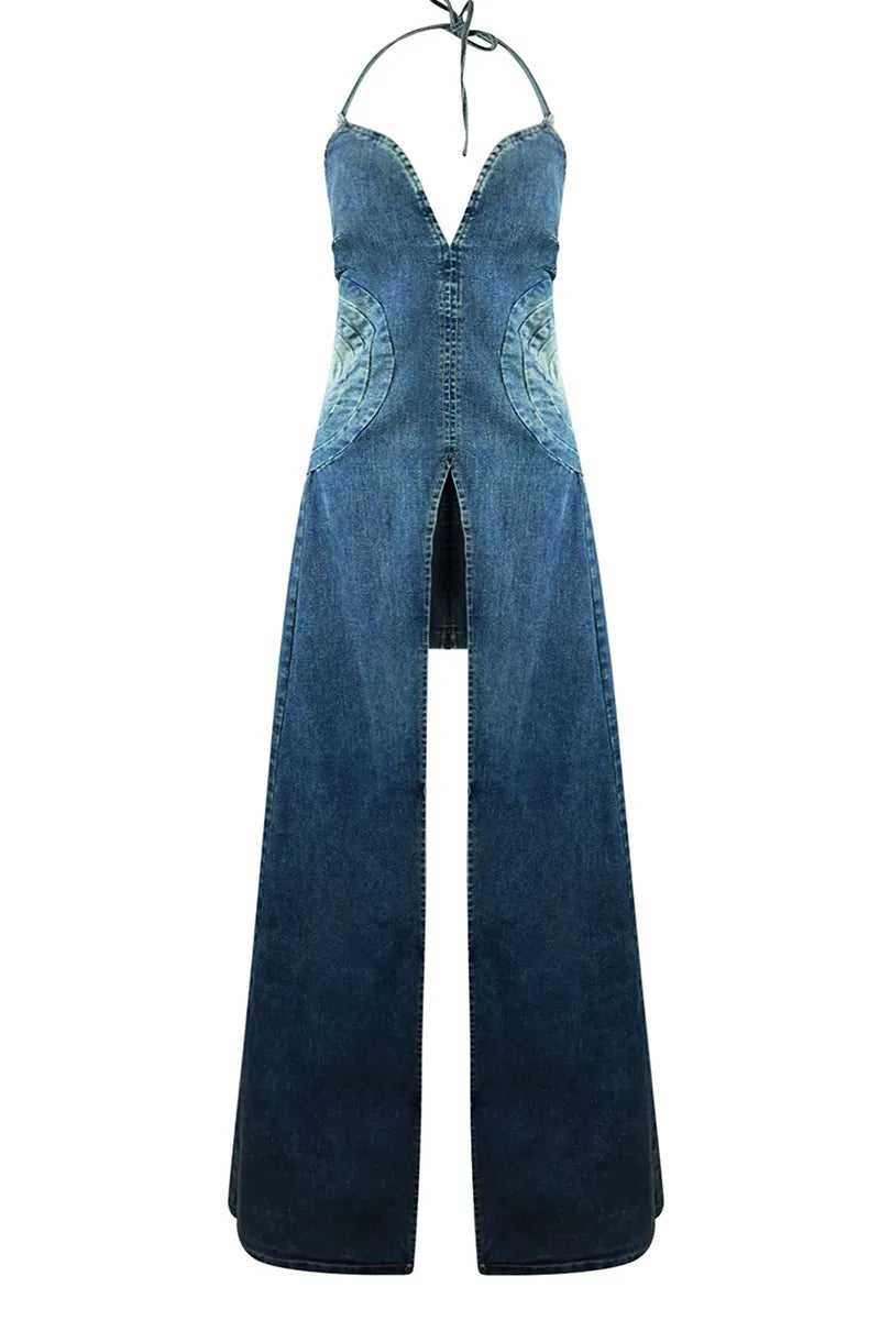 Women's Y2k Style Floor Length Denim Dress With A Bodycon Design