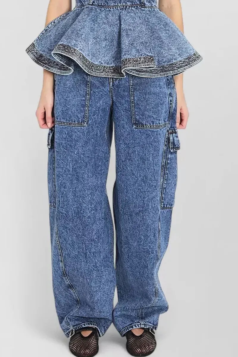 Ladies' Casual Denim Ruffled Top And Workwear Jeans