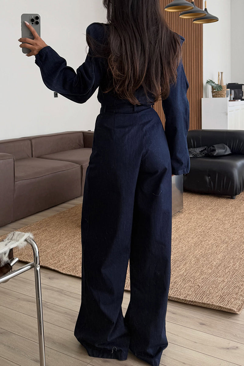 Women's Fashion Wave Sleeve Denim Jacket or Wide Leg Jeans