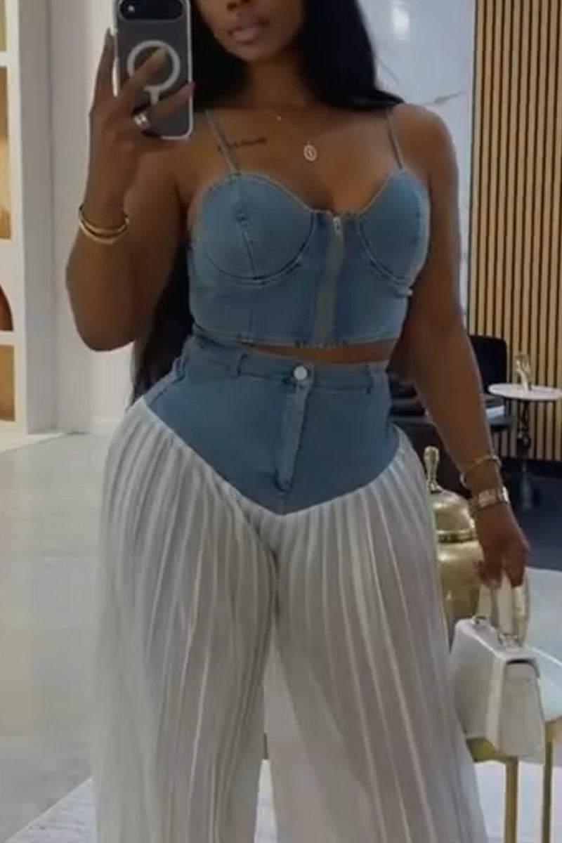 Women Camisole Denim Top or Patchwork Pleated Pants Casual Set