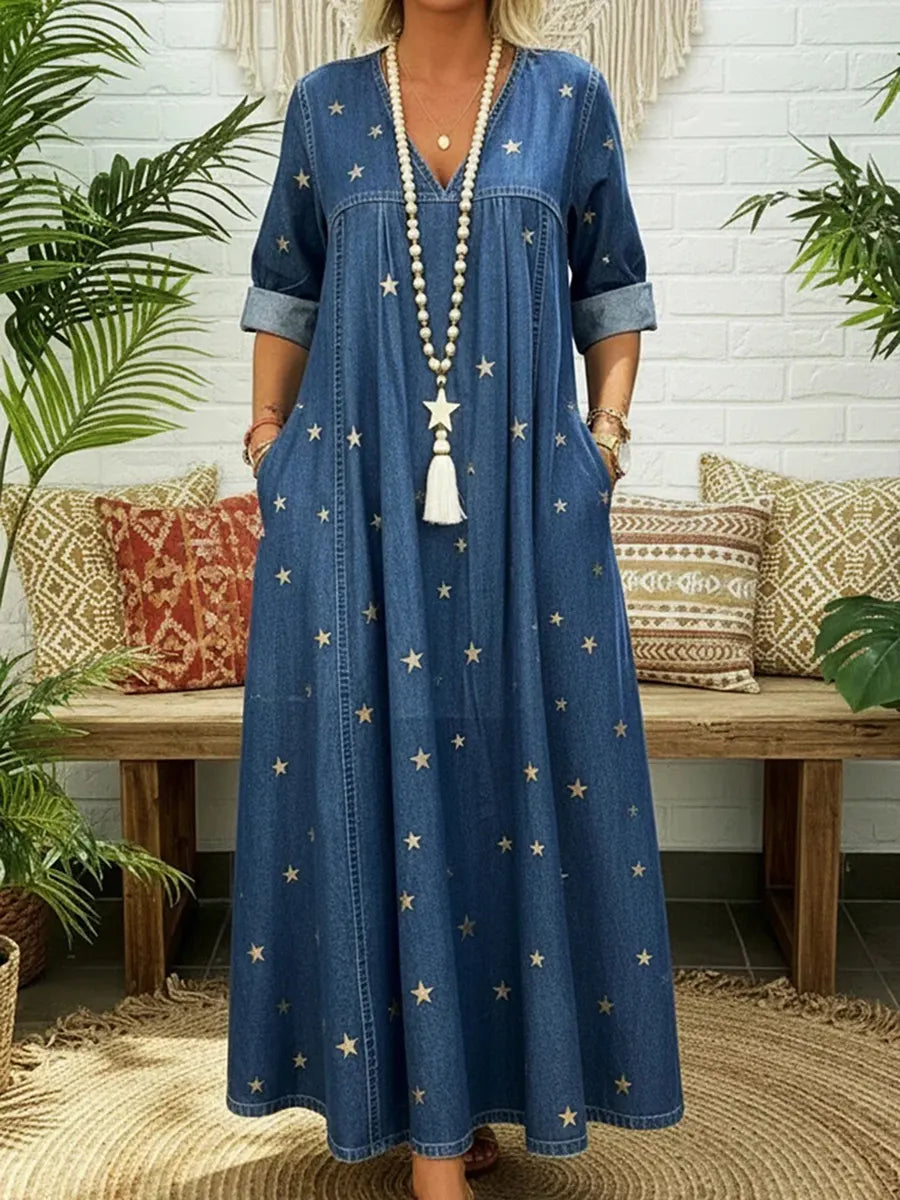 Pleated Pockets Printed Split-Joint A-Line Long Sleeves V-Neck Maxi Dresses