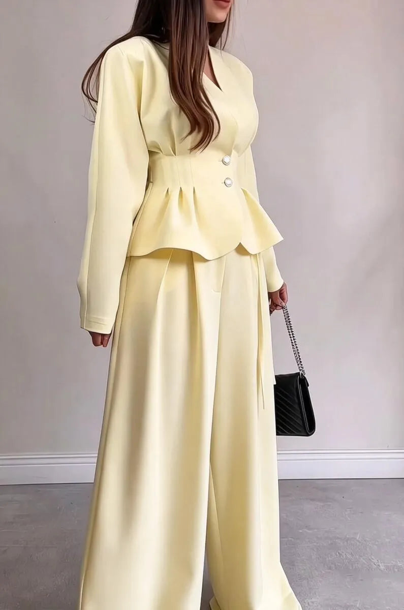 Women's V-neck Waist Cinched Jacket+ Pants Casual Suit with Temperament