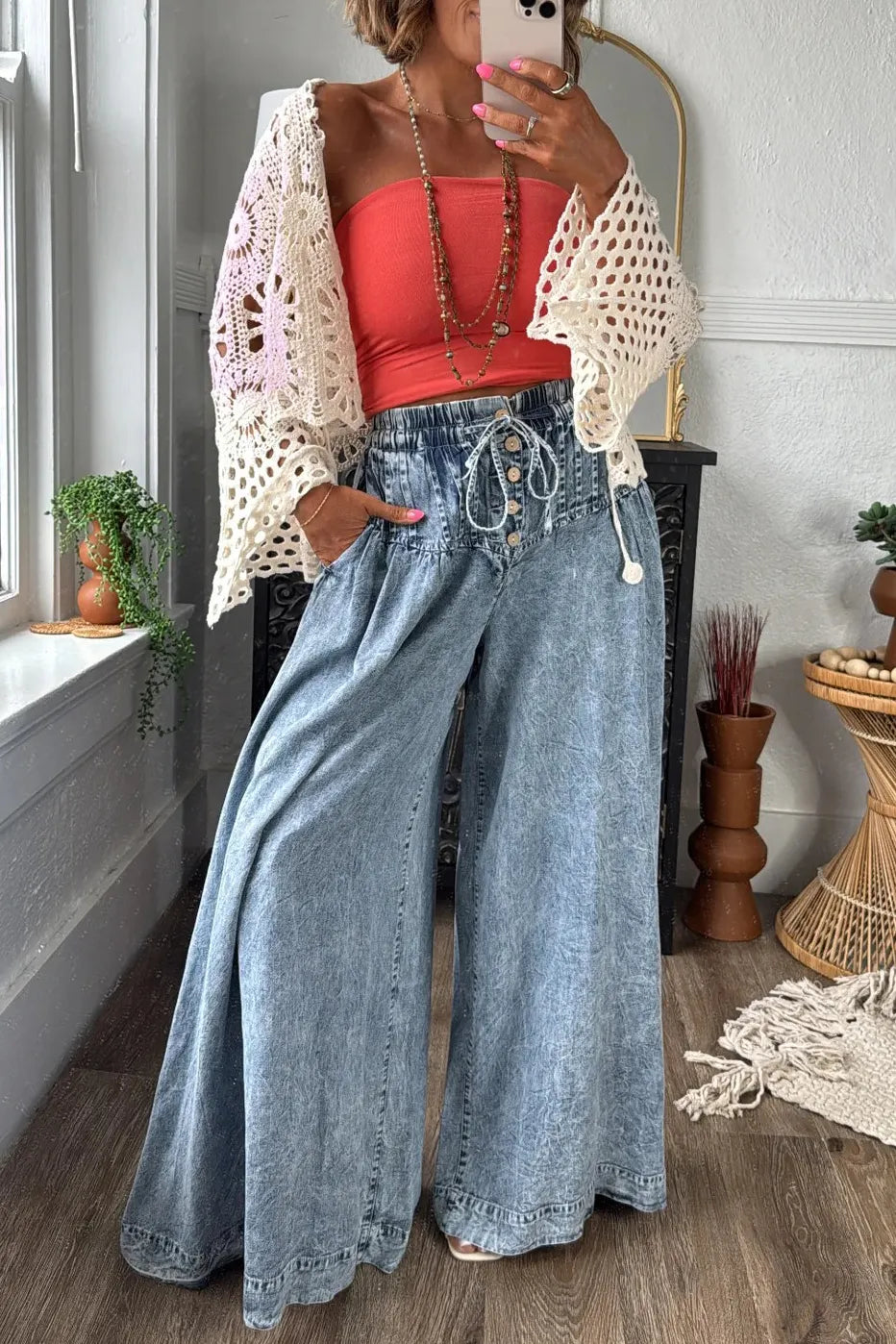 Women's Casual Waist Pleated Drawstring Washed Wide Leg Jeans