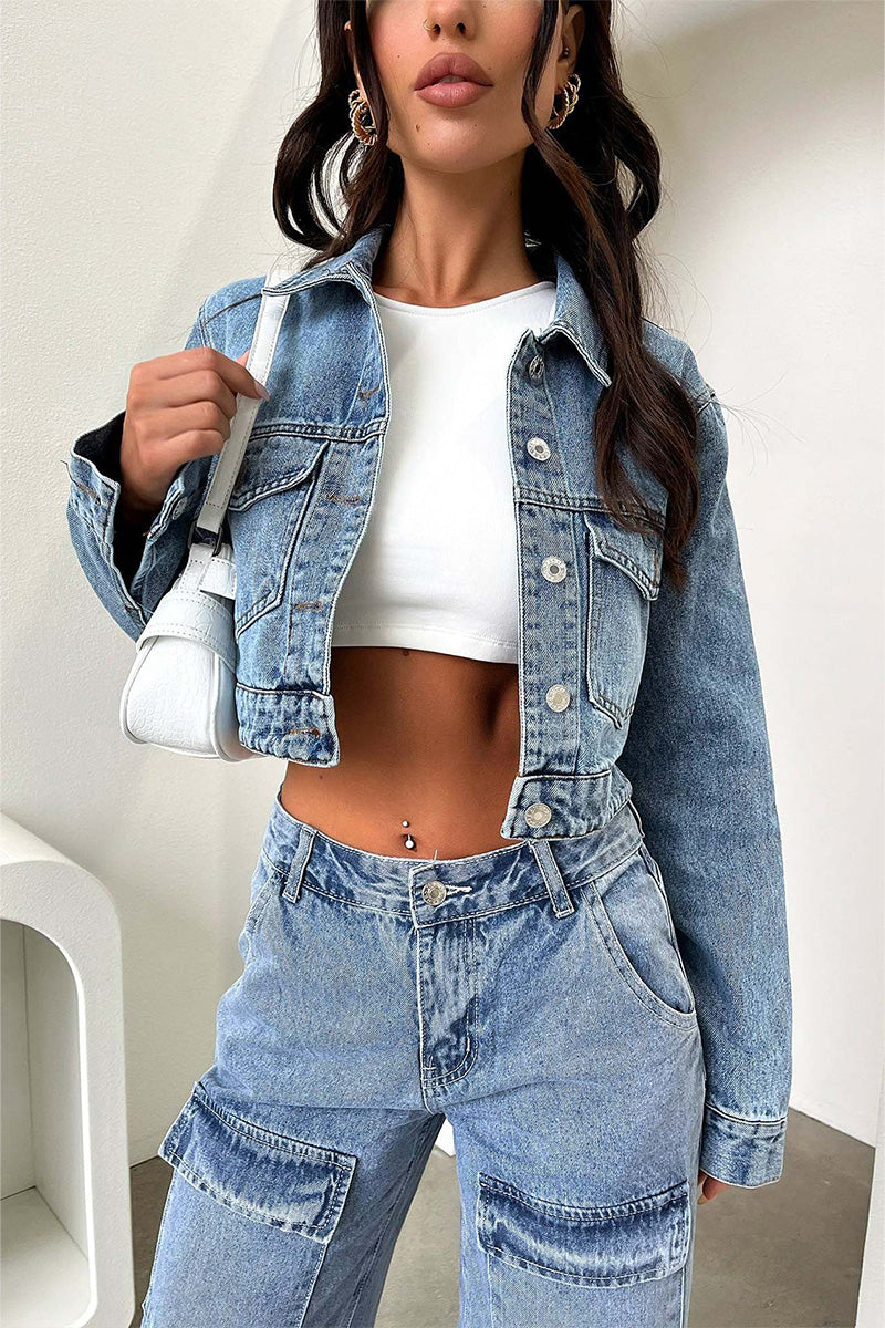 Retro Pocket Washed Straight Leg Cargo Wide Leg Denim Jeans