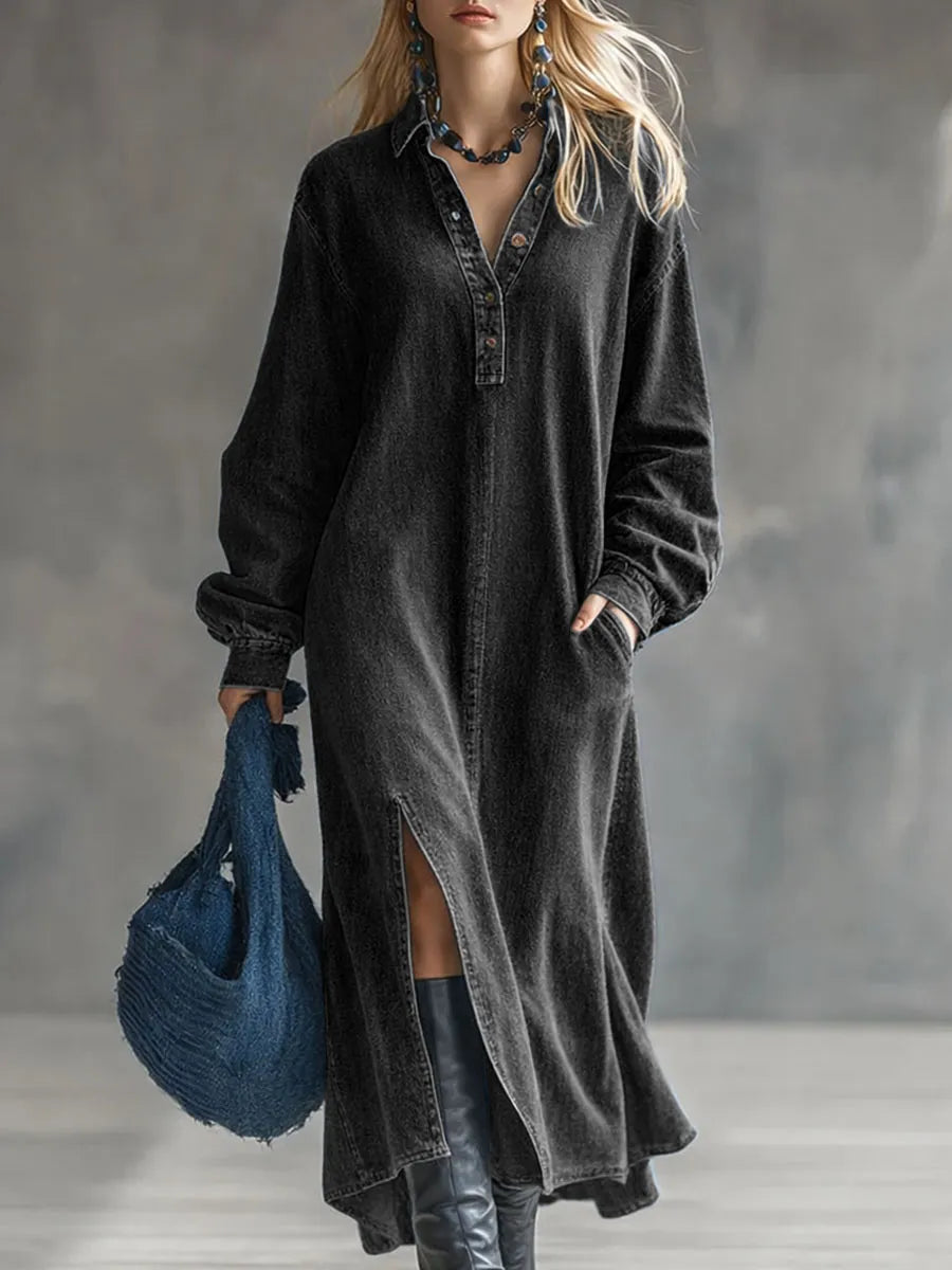Women's Shirt Collar Long-sleeved Loose Casual Denim Dress