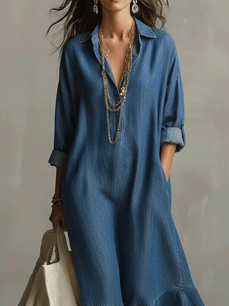 Buttoned Pockets Solid Color Split-Joint Long Sleeves Loose Lapel Maxi Dresses
