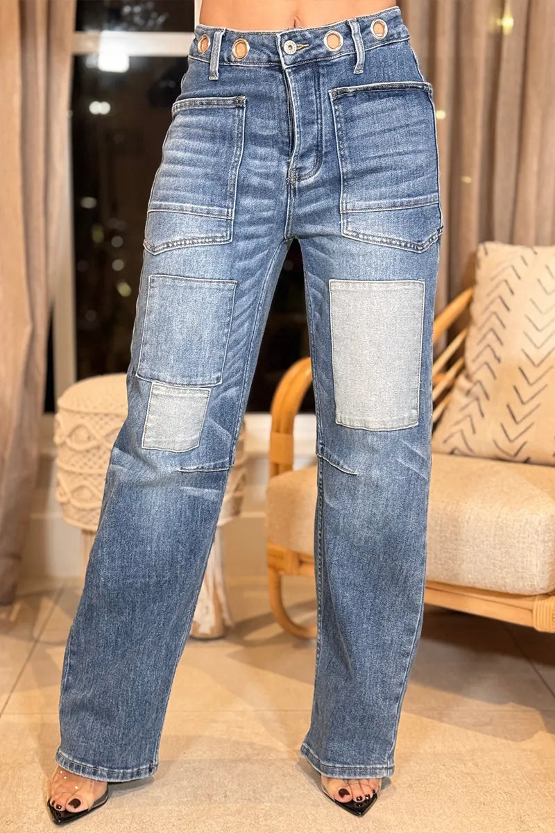 Women's Fashion Patch Waist Metal Cutout Jeans
