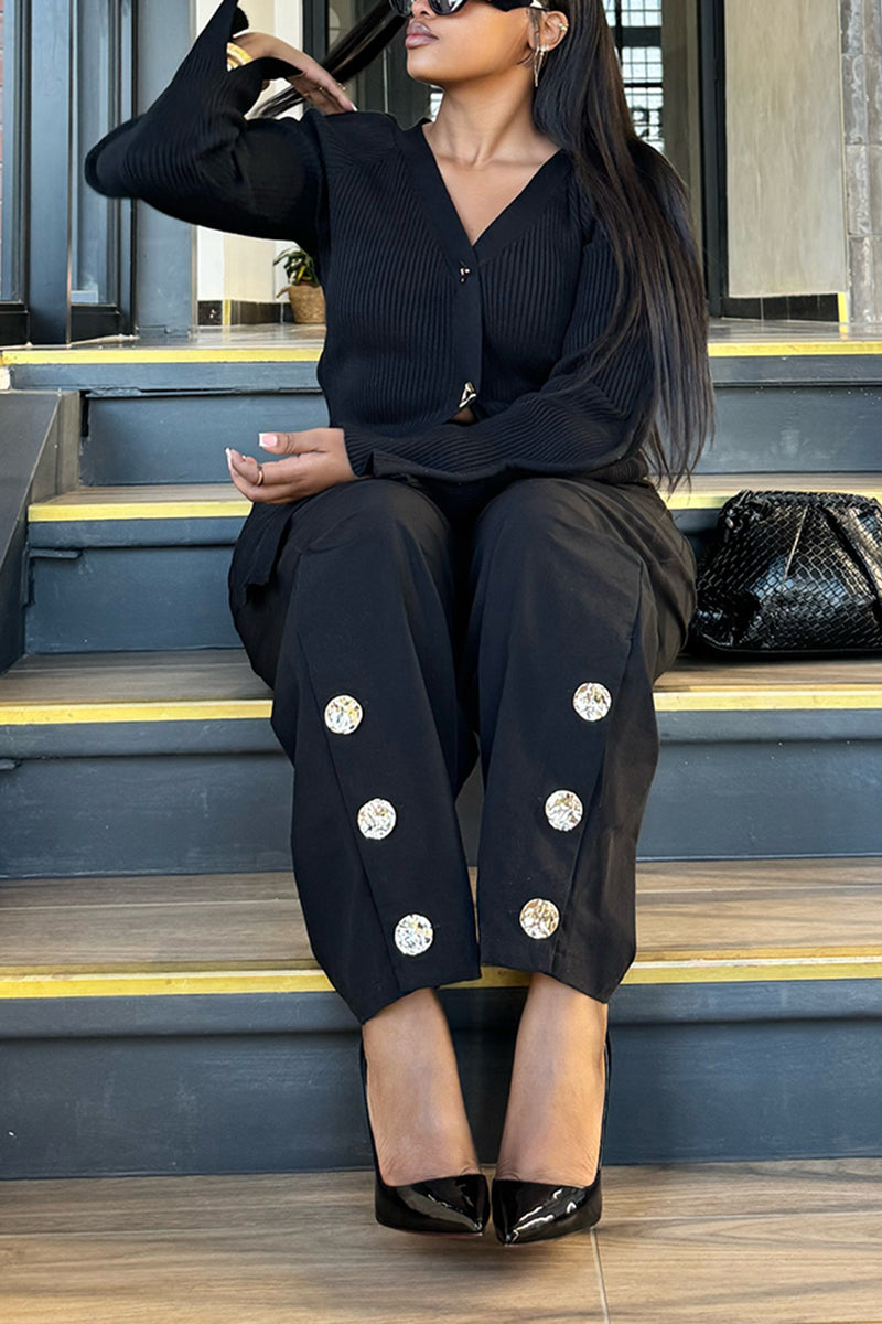 Women's Fashion Silhouette Sleeve Knit Cardigan or Metal Button Curved Pants