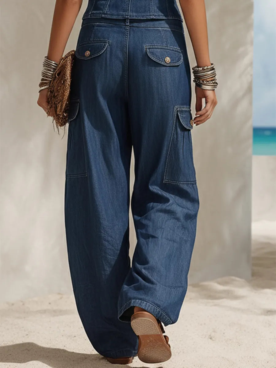 Bohemian Vacation Blue Denim Multi-pocket Jeans