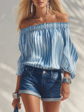 Nautical Coastal Style Blue And White Striped Satin Off-the-shoulder Top And Denim Shorts Set