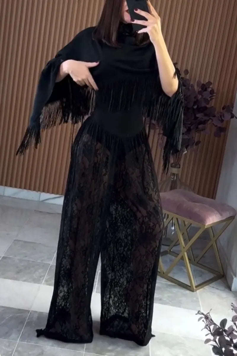 Women Round Neck Patchwork Lace Patterned Jumpsuit or Solid Color Tassel Shawl