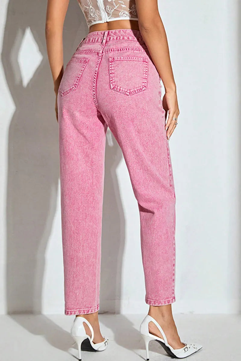 Women's Pink High-Waisted Straight-Leg Jeans
