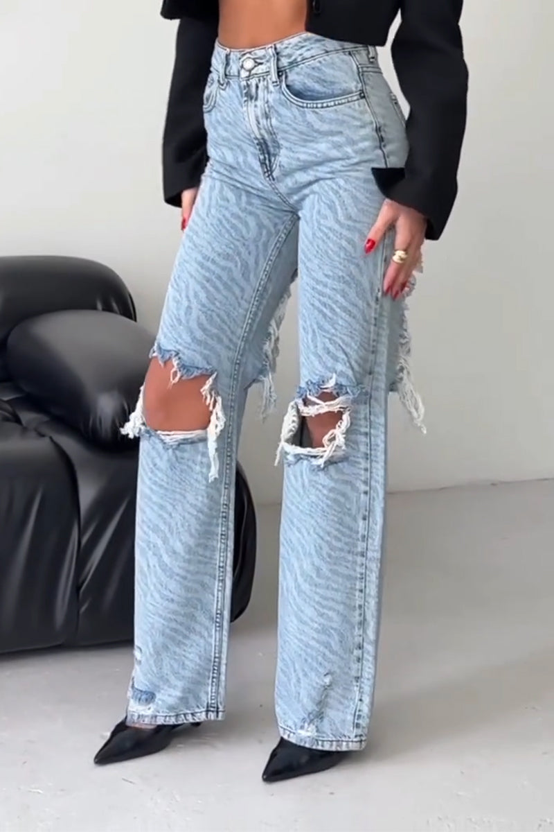 Women's Pattern Printed Ripped Casual Jeans