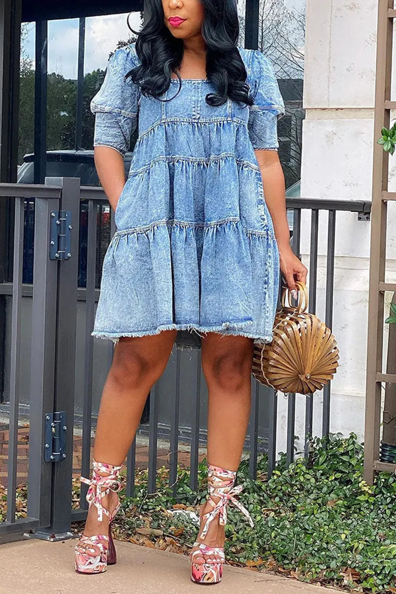 Ladies' Hot Selling Casual Round Neck Bubble Sleeve Half Sleeve Bow Denim Mini Dress