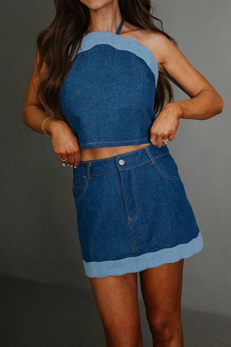 Women's Casual Off Shoulder Denim Top Or Short Denim Skirt