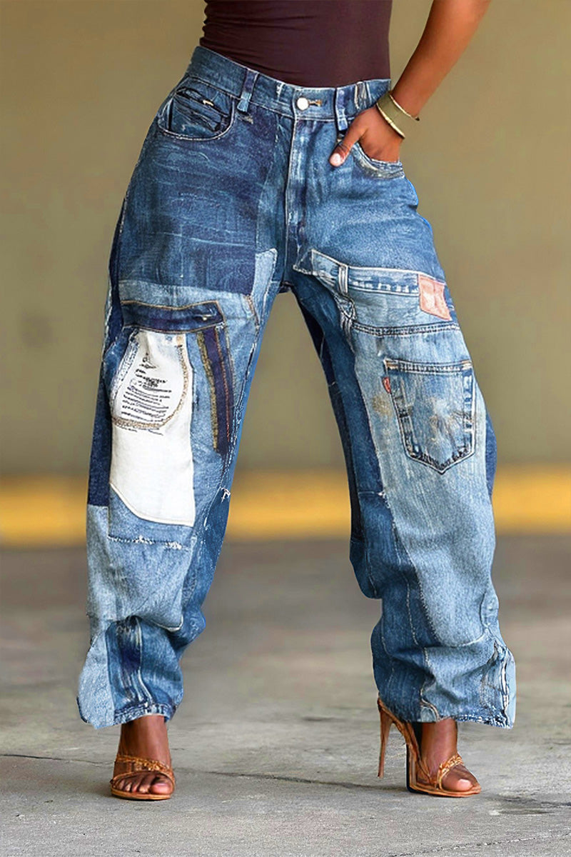 Women's Fashion Patch Panel Print Jeans