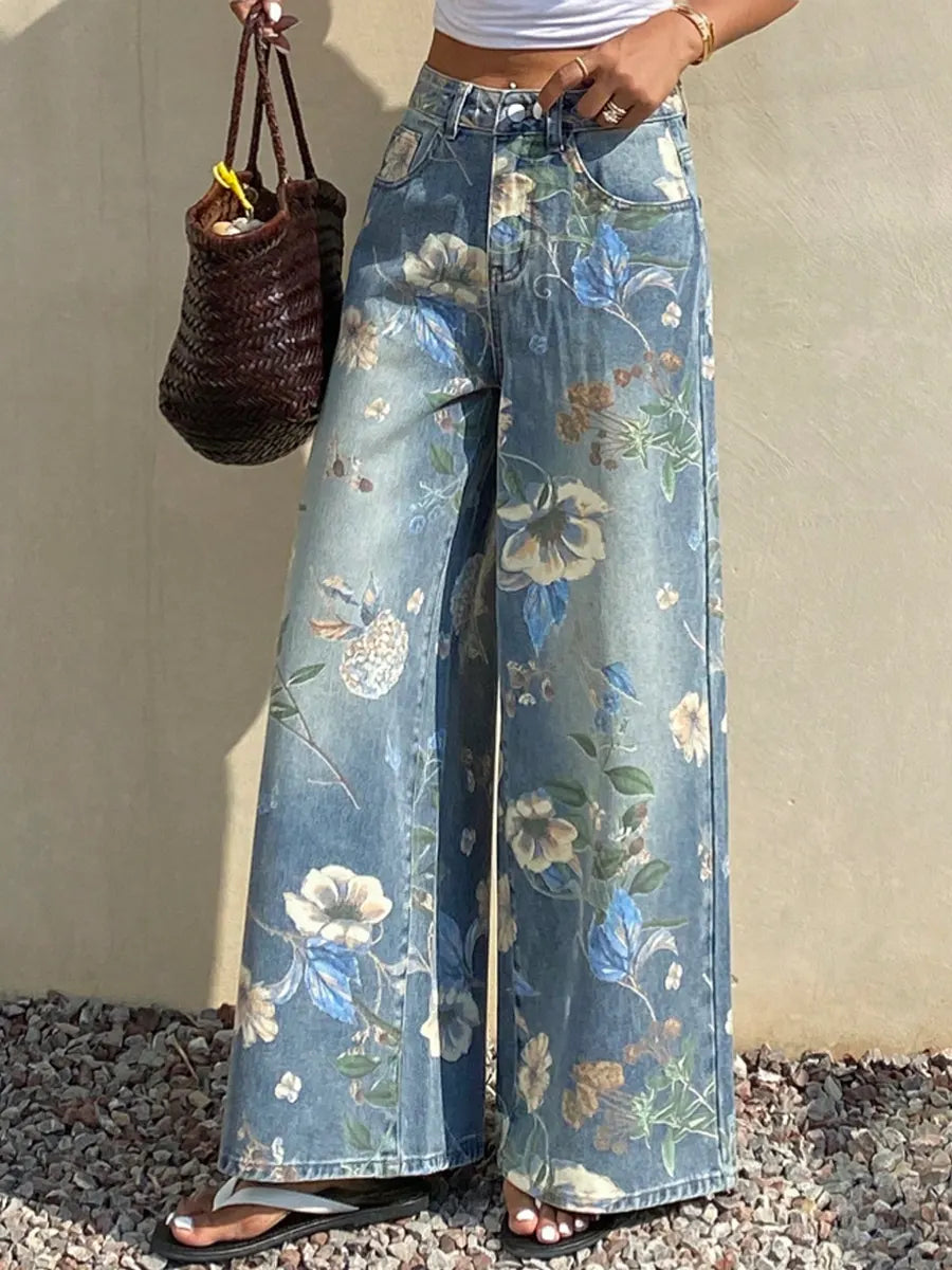 Women's Vintage Floral Pattern Art Print Casual Cotton Denim Jeans
